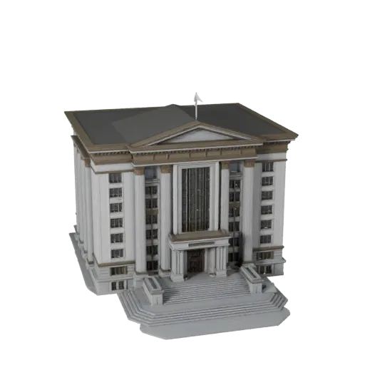 Высокополигональная 3D модель здания суда, крупный план архитектурного рендера, показывающий материалы общедоступного здания