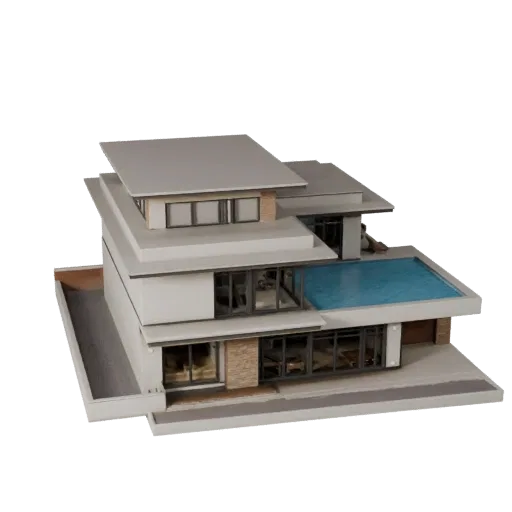 Реалистичная 3D модель виллы класса люкс, вид с трех четвертей снаружи, показывающий материалы жилого здания и архитектурные