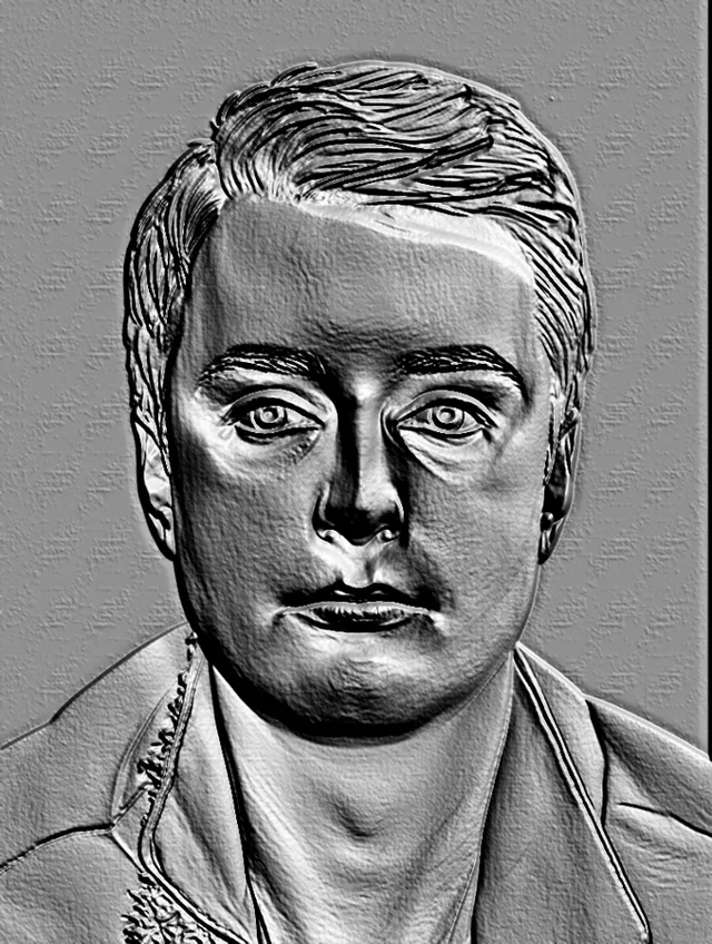 3D модель барельефа мужчины в пиджаке, выполненная в монохромном стиле, с акцентом на детали лица и одежды.