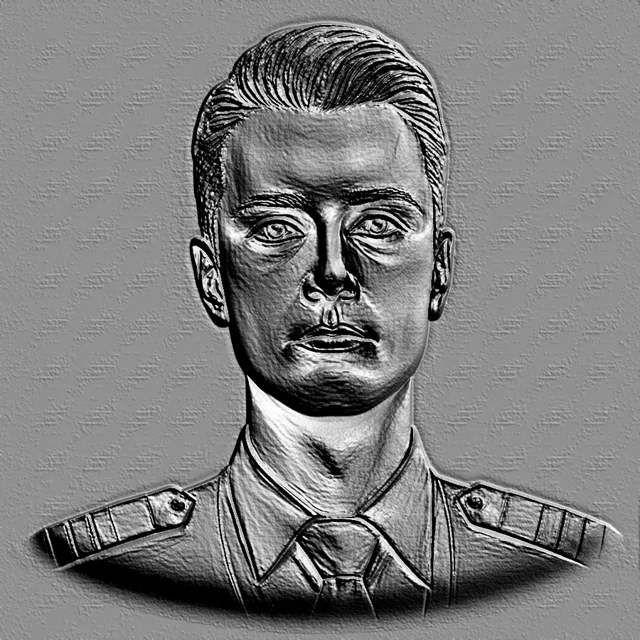 3D модель барельефа военного в форме с орденами, выполненная в стиле гравюры