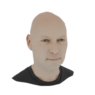 Рендер 3D модели головы и плеч лысого мужчины в черной футболке на белом фоне.