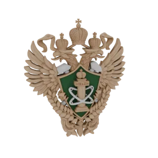 Рендер 3D модели герба российского двуглавого орла с двумя коронами и щитом на черном фоне.