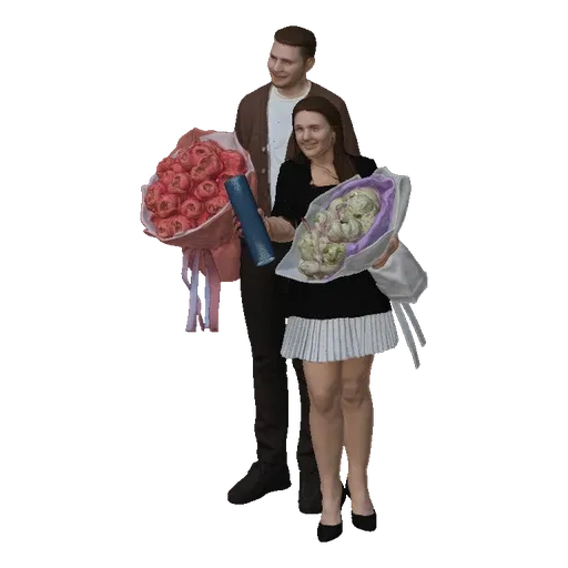 3D модель улыбающейся выпускной пары, мужчина держит розовые розы, женщина держит диплом и белые цветы.