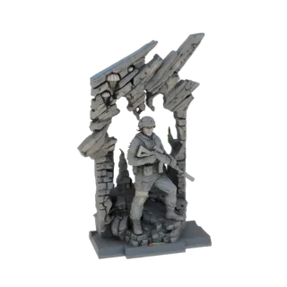 3D модель солдата в тактическом снаряжении, стоящего в разрушенной каменной арке, с мусором и розой у основания.