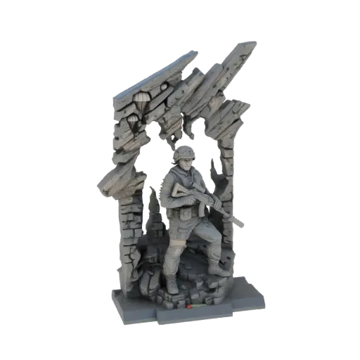3D модель солдата в тактическом снаряжении, стоящего в разрушенной каменной арке, с мусором и розой у основания.
