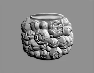 3D модель барельефа с розами в стиле барокко, изображающая пышные цветы на сером фоне.