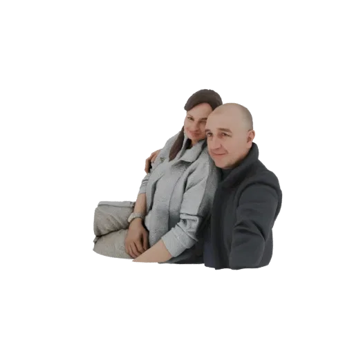 3D модель обнимающейся пары, мужчина справа, женщина прижимается к нему, оба мягко улыбаются.