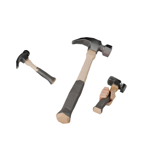 Низкополигональная 3D-модель молотка (Clean Hammer), вид с трех четвертей в игровом окне, демонстрирующий окрашенный металл,