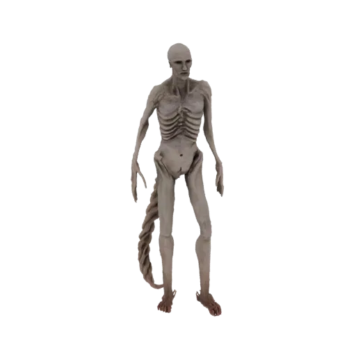 3D модель бледного, истощенного существа с длинным, извивающимся хвостом, стоящего на черном фоне.