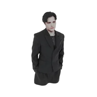 3D модель молодого человека с темными волосами в черном костюме, стоящего с руками в карманах.