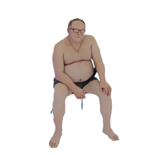 3D model of an overweight man with glasses, sitting down, with his hands resting on his knees.