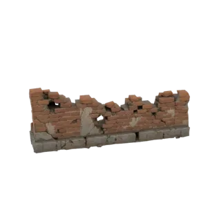 3D модель секции разрушенной кирпичной стены с выветренными кирпичами и поврежденной штукатуркой на каменном основании.