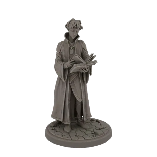 3D модель фигуры ученого мага, читающего книгу, стоящего на брусчатом основании, в сером рендере.