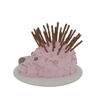 3D модель торта-ёжика с розовой глазурью, посыпкой и иголками из кренделя на белой подставке.