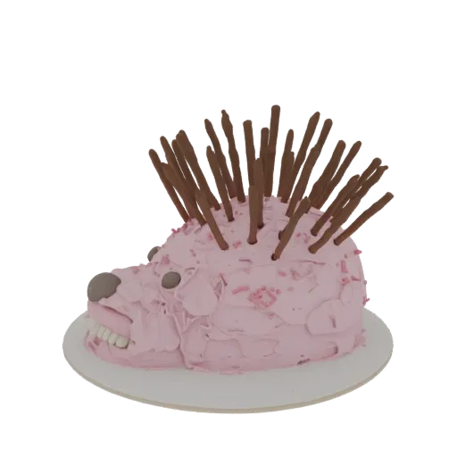 3D модель торта-ёжика с розовой глазурью, посыпкой и иголками из кренделя на белой подставке.