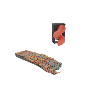 3D модель ярко-оранжевой спиральной горки, ведущей в черный бассейн с шариками, наполненный разноцветными шарами.