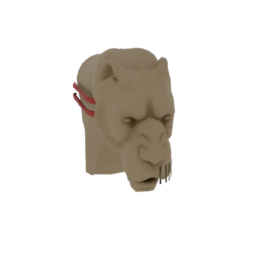 3D модель стилизованной головы зверя землисто-коричневого цвета с двумя яркими красными ремешками на шее.
