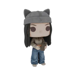 3D model of a cute girl with a cat ears beanie and phone, in Funko Pop style, against a white background.