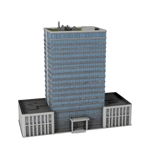 Коммерческое высотное здание, готовая к использованию в Blender 3D модель, вид рендера студии Blender, показывающий материалы