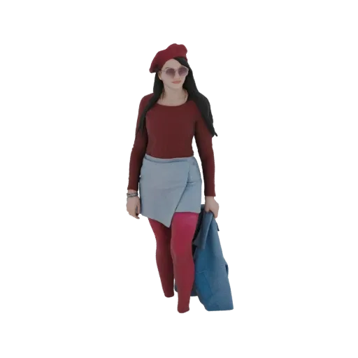 3D модель женщины в красном берете, бордовом топе, голубой юбке, розовых колготках, держащей синюю куртку.