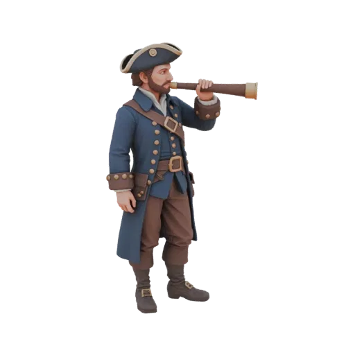 3D модель морского капитана 17 века в синем сюртуке, держащего шпионскую трубу у глаза, на черном фоне.