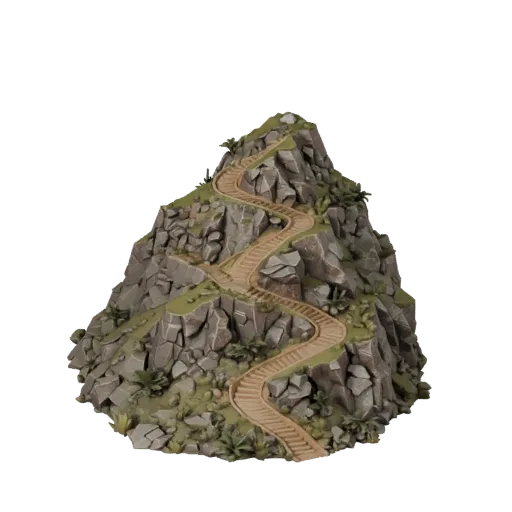 Высокополигональная 3D модель горной серпантинной тропы, кинематографический рендер окружения крупным планом, показывающий сл