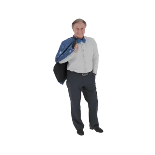 3D модель улыбающегося мужчины в светлой рубашке, синем галстуке-бабочке и темных брюках с пиджаком на плече.