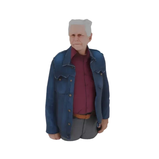 3D модель пожилого мужчины в синей джинсовой куртке и бордовой рубашке, смотрящего в сторону.