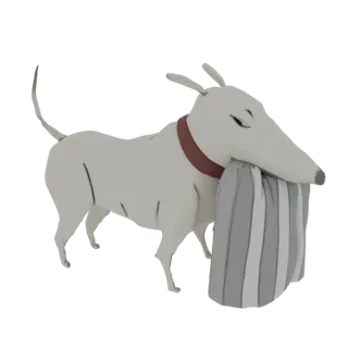 3D модель светло-серой мультяшной собаки с красным ошейником, несущей полосатое одеяло в пасти, на белом фоне.