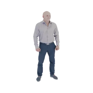 3D-модель лысого мужчины в светло-фиолетовой рубашке и темно-синих брюках, стоящего с расслабленными руками.