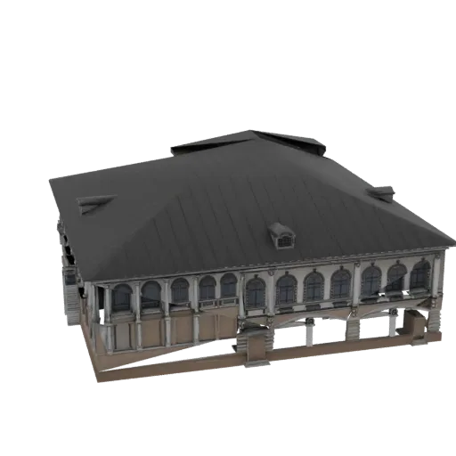 3D модель классического фасада здания с колоннами и арочными окнами, на черном фоне.