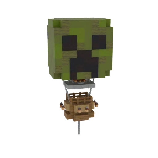 3D модель воздушного шара в виде Крипера из Minecraft, с деревянной корзиной и фонарями.