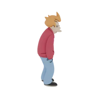 3D модель Филлипа Дж. Фрая из Футурамы в красной куртке и синих джинсах, стоящего с руками в карманах.