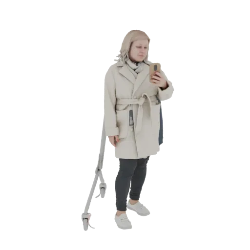 3D модель женщины в бежевом пальто со смартфоном и серебристым штативом рядом.