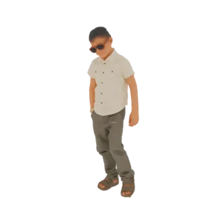 3D модель юного мальчика в солнцезащитных очках и сандалиях, с рукой в кармане.