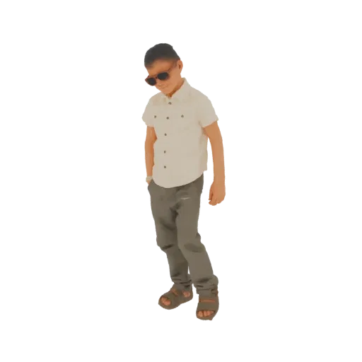 3D модель юного мальчика в солнцезащитных очках и сандалиях, с рукой в кармане.