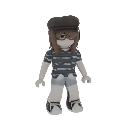 3D модель девочки в стиле Roblox в полосатой футболке, джинсовых шортах и кепке, с большими очками.
