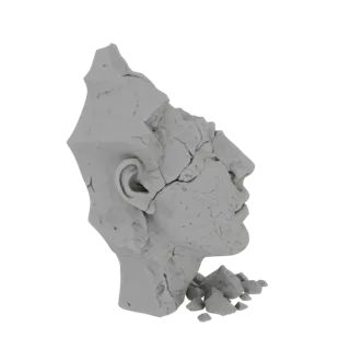 3D модель классического мраморного бюста в профиль с детализированными трещинами и обломками, разбросанными у основания.