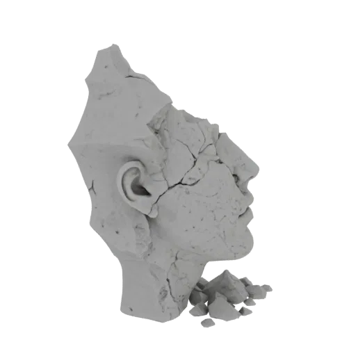 3D модель классического мраморного бюста в профиль с детализированными трещинами и обломками, разбросанными у основания.