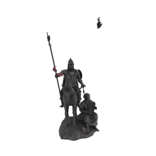 3D модель средневекового воина на коне с оруженосцем, стоящим на коленях рядом, выполненная в каменной текстуре.