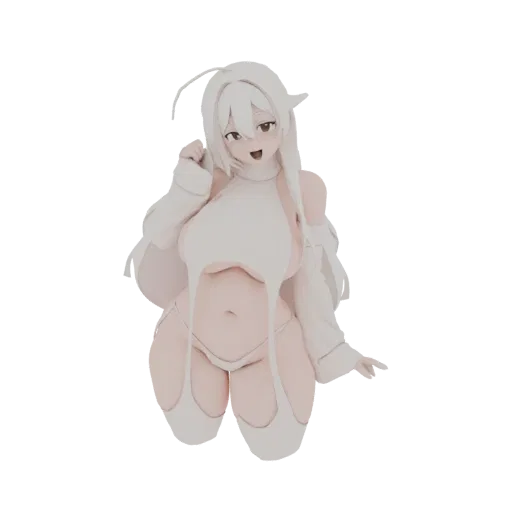 3D модель аниме девушки с длинными белыми волосами в белом наряде, игривая поза