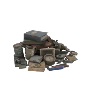 3D модель кучи хлама, включающей книги, кружку, часы и инструменты, на белом фоне.