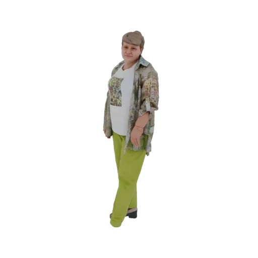 3D модель женщины в рубашке с принтом, зеленых брюках и кепке, стоящей и смотрящей в сторону.