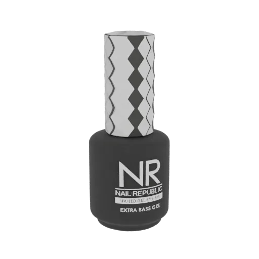 3D модель флакона гель-лака Nail Republic Extra Bass с матовым черным покрытием и текстурированной серебристой крышкой на бел