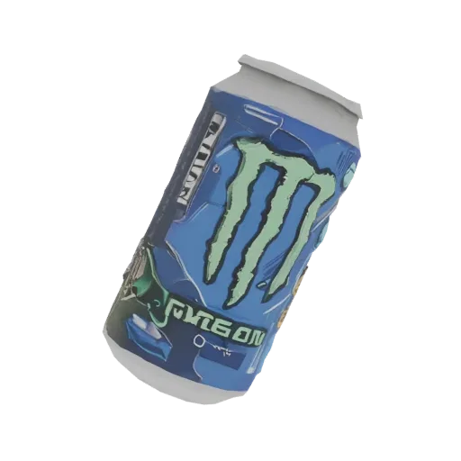 3D модель банки энергетика Monster Energy "Neon" в стиле киберпанк, с неоновыми элементами на синем фоне.