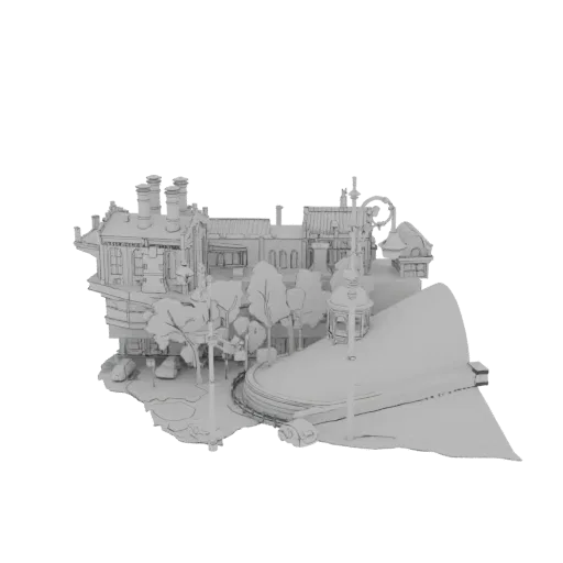 3D модель стилизованной европейской городской площади с фабрикой, беседкой и деревьями на черном фоне.