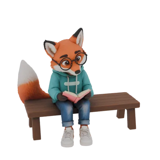 3D модель мультяшной лисы в очках и толстовке, сидящей на деревянной скамейке и читающей розовую книгу.