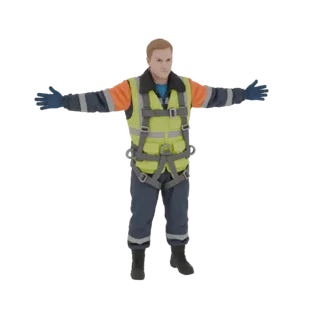 3D-модель мужчины-строителя в желтом сигнальном жилете и серой страховочной привязью, с раскинутыми руками.