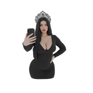 3D модель элегантной женщины в черном платье, с диадемой и смартфоном, уверенно позирующая.