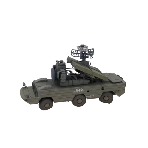 3D модель зеленого БТР-80 командного с радаром и антеннами связи, на белом фоне.